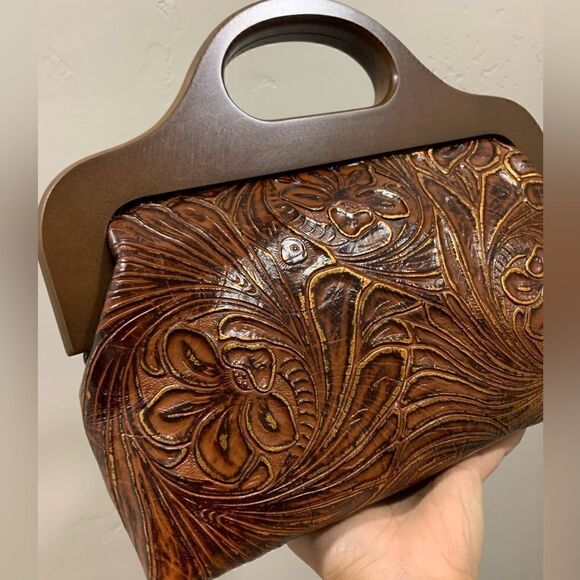 Vintage Style Handmade Genuine Embossed Leather Wooden Frame Bag/Crossbody - Picture 11 of 16
